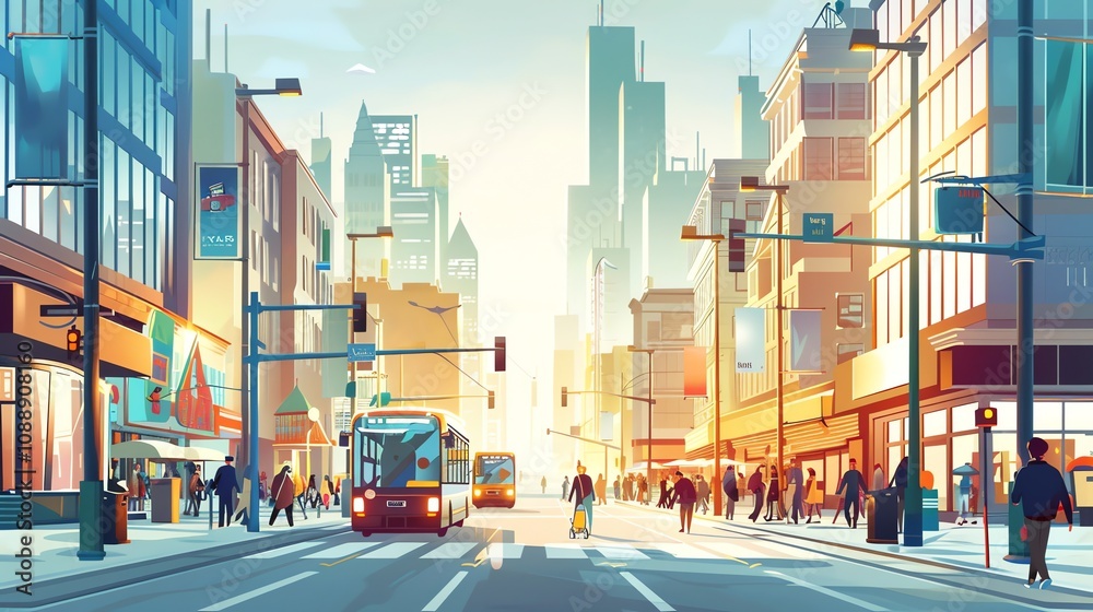 Obraz premium A cartoon illustration of a busy city street with people and vehicles.
