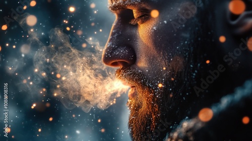 Man Exhaling Smoke in a Snowy Landscape