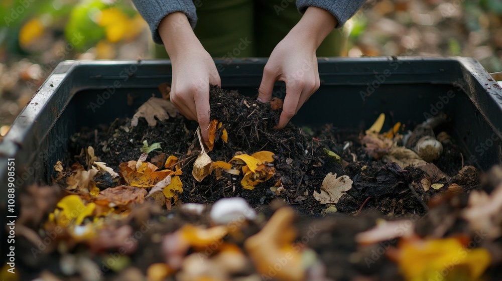 Young adult hands mix organic waste into a compost bin, promoting eco-friendly gardening practices Young adult hands mix organic waste into a compost bin, promoting eco-friendly gardening practices