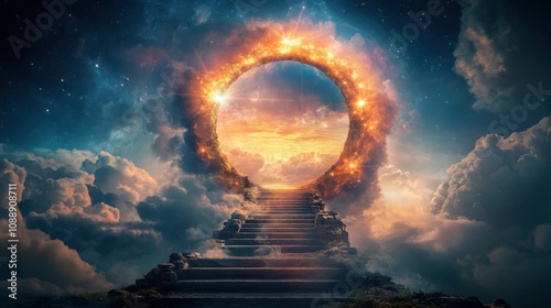 Radiant gate at the summit of a staircase, framed by luminous clouds and heavenly beams of light.