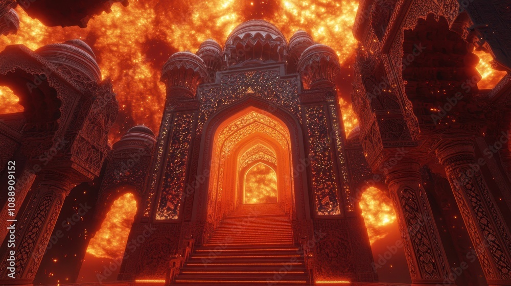 Obraz premium Radiant staircase surrounded by luminous clouds, leading to a heavenly gate with intricate designs.