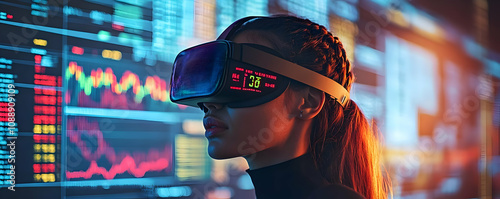 Woman Using Virtual Reality Headset Experiences Immersive Financial Data Visualization