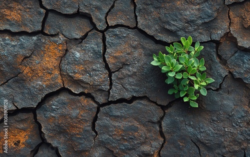 Small green bush growing in cracks of dried brown earth, symbolizing hope and renewal in the face of climate change, environmental struggle