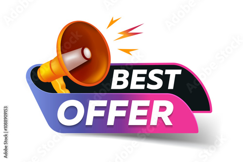 Megaphone And Banner With Text Best Offer. The Loudspeaker Screams Best Offer.