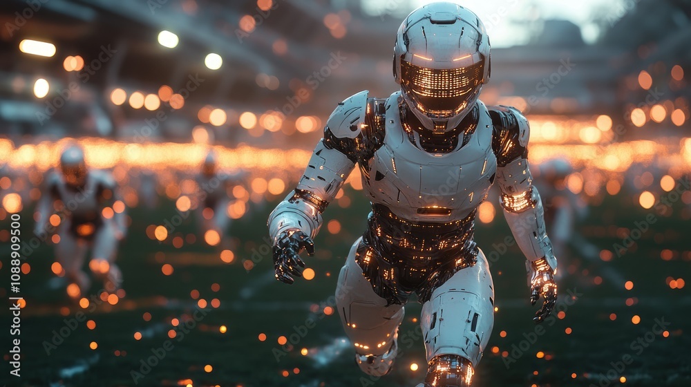 Futuristic female robot running in a stadium, surrounded by others. Futuristic female robot running in a stadium, surrounded by others.