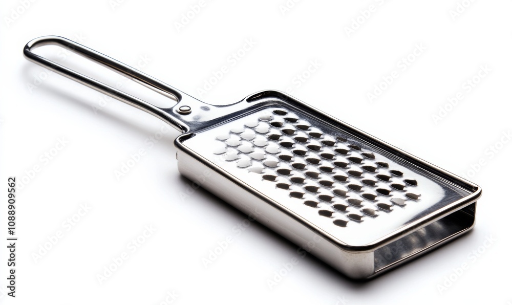 A cheese grater, kitchen tool, multifunctional design, metallic finish, isolated on white background