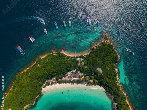 Aerial view Koh Sak island with white beach and turquoise sea, Pattaya Thailand photo