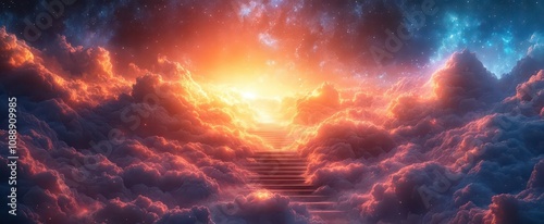 a mystical stairway ascends toward a luminous sky enveloped in clouds representing a journey toward enlightenment and transcendence evoking a sense of wonder