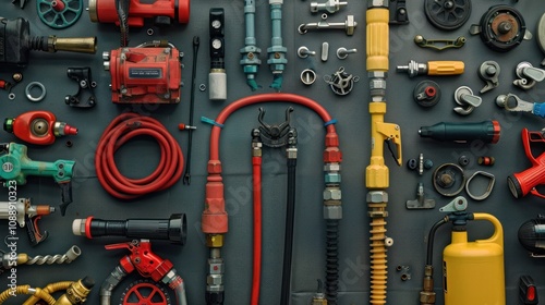 A flat lay of various tools and equipment for repairing and maintaining cars and motorcycles.