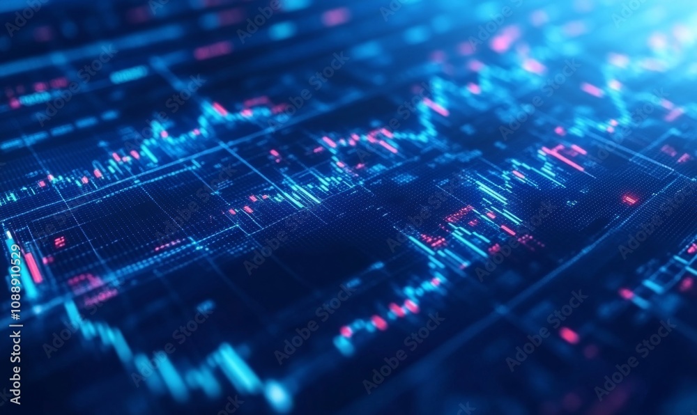 Concept of stock market and fintech forex concept. Blurry blue digital charts over dark blue background. Futuristic financial interface. 3d render illustration Concept of stock market and fintech forex concept. Blurry blue digital charts over dark blue background. Futuristic financial interface. 3d render illustration