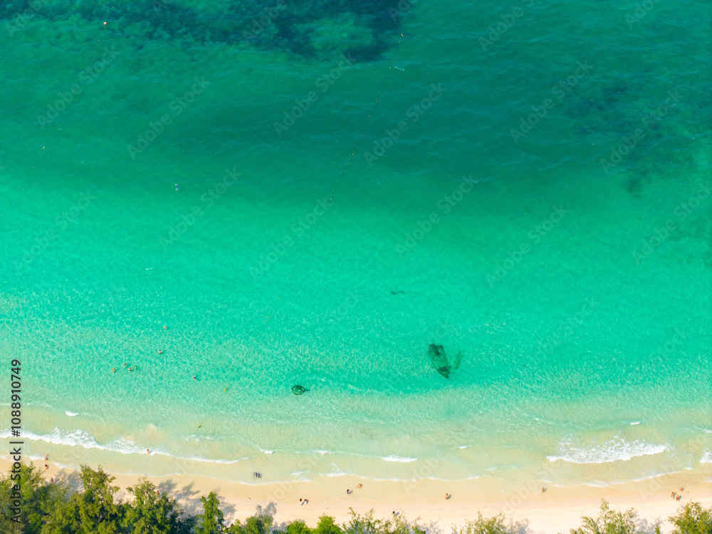 Beautiful island Koh Sak with white beach and turquoise sea, Pattaya Thailand, aerial view