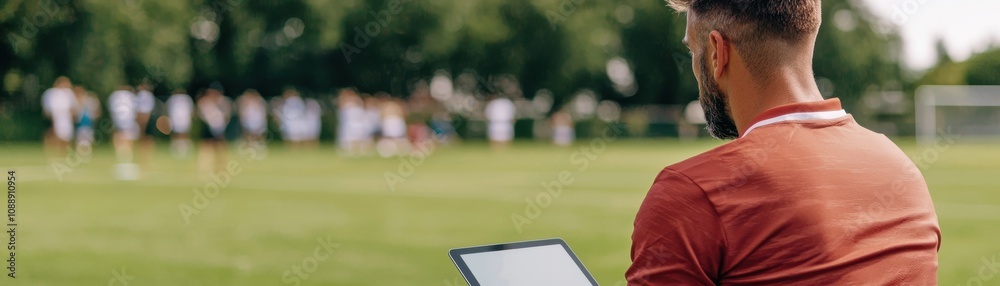 A coach observes players on the field while analyzing data on a tablet, focusing on performance improvements in sports training. A coach observes players on the field while analyzing data on a tablet, focusing on performance improvements in sports training.
