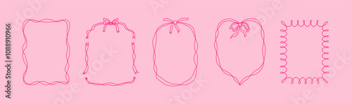 Linear ribbon and bows frames. Hand drawn doodle girly coquette line art. Linear pink trendy borders for wedding invitation, cards for birthday, Valentine's day. Whimsical minimalist design. Vector.
