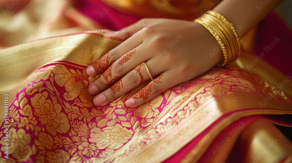 Obraz premium Skilled fingers work delicately on a loom, creating a stunning silk saree with intricate designs