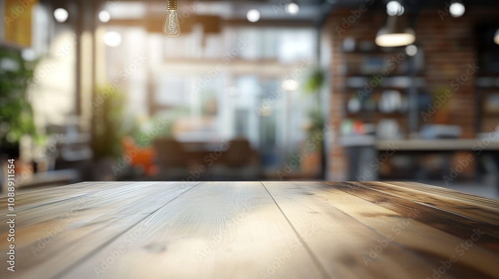 A blurred interior view of a modern workspace with a wooden table in focus.