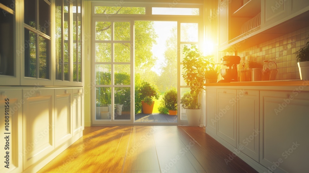 Bright Sunlight Streaming Through Kitchen Doors Onto Warm Floor, Showcasing Lush Greenery and Potted Plants in a Beautiful Indoor Outdoor Space Bright Sunlight Streaming Through Kitchen Doors Onto Warm Floor, Showcasing Lush Greenery and Potted Plants in a Beautiful Indoor Outdoor Space
