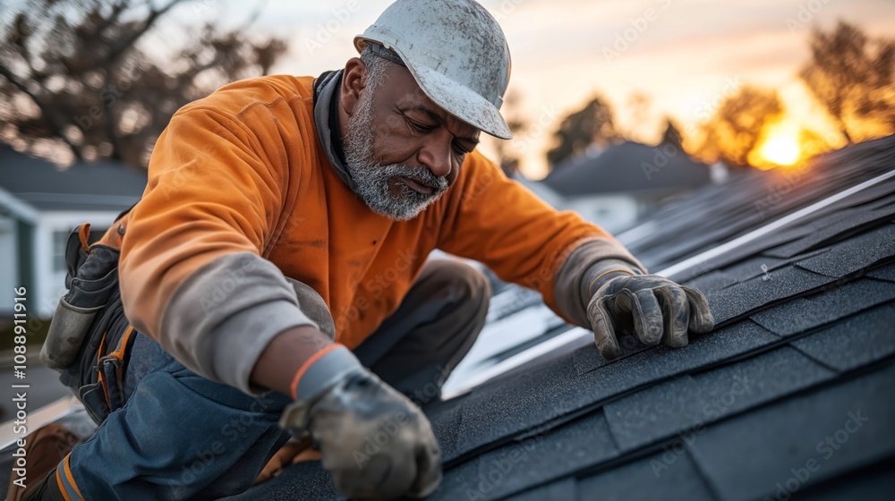 Man working on rooftop installing shingles at sunset wearing safety gear, including gloves and a hard hat, in a residential area. Man working on rooftop installing shingles at sunset wearing safety gear, including gloves and a hard hat, in a residential area.