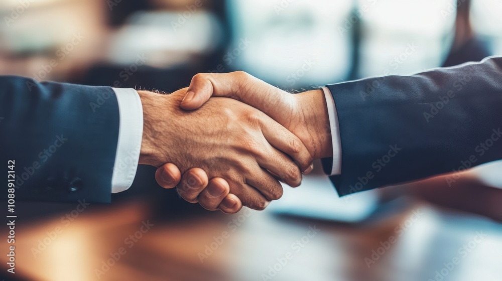 Hands of Two Businessmen Shaking in Agreement, Symbolizing Partnership and Collaboration in a Professional Setting with Blurred Office Background Hands of Two Businessmen Shaking in Agreement, Symbolizing Partnership and Collaboration in a Professional Setting with Blurred Office Background