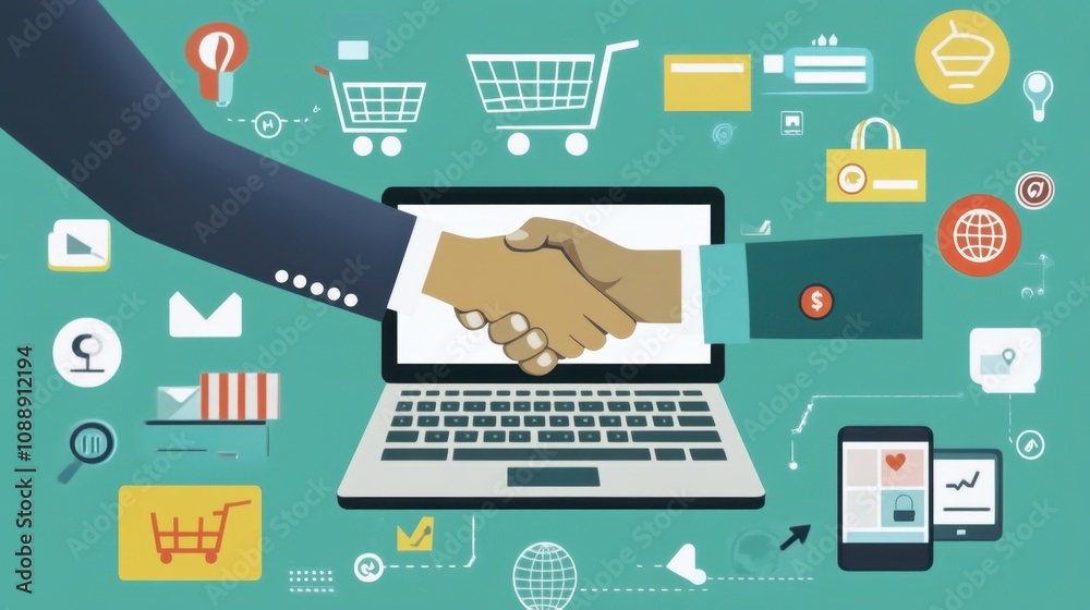 Hands Shaking Over Laptop Screen Representing Online Transaction and E-commerce Partnership with Shopping Icons and Business Elements in Background Hands Shaking Over Laptop Screen Representing Online Transaction and E-commerce Partnership with Shopping Icons and Business Elements in Background