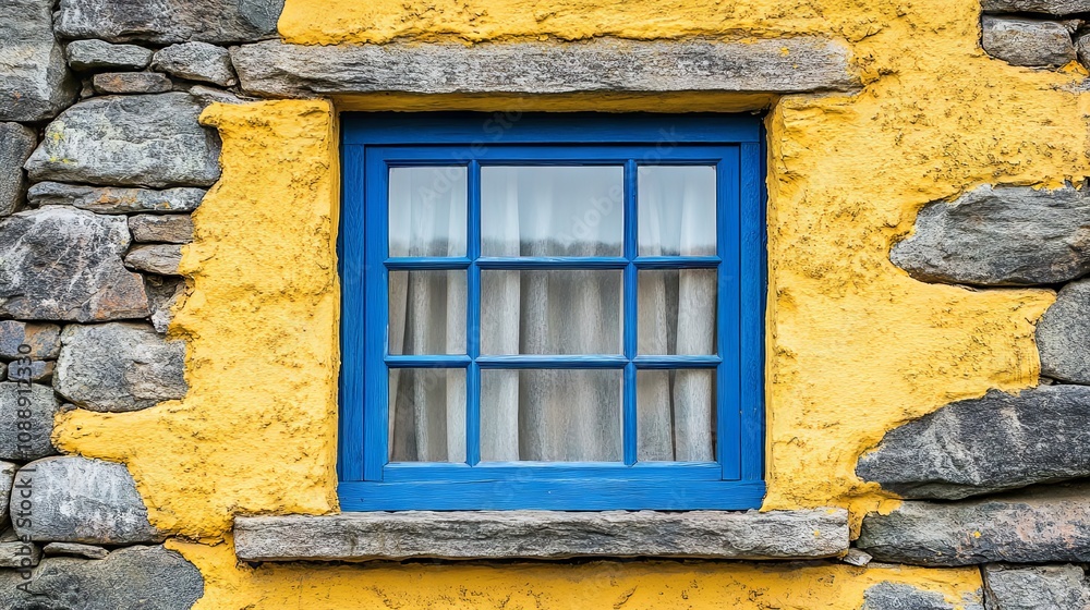 Blue Window in Stone Wall with Yellow Plaster Blue Window in Stone Wall with Yellow Plaster