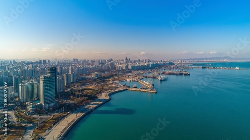 Aerial View of Urban Skyline Next to the Coastline Featuring Modern Buildings, Boats, and a Clear Blue Sky with Few Clouds in the Background