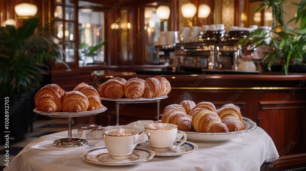 Elegant Display of Freshly Baked Croissants in a Classic Café Setting with Fine China and a Warm, Inviting Atmosphere Elegant Display of Freshly Baked Croissants in a Classic Café Setting with Fine China and a Warm, Inviting Atmosphere
