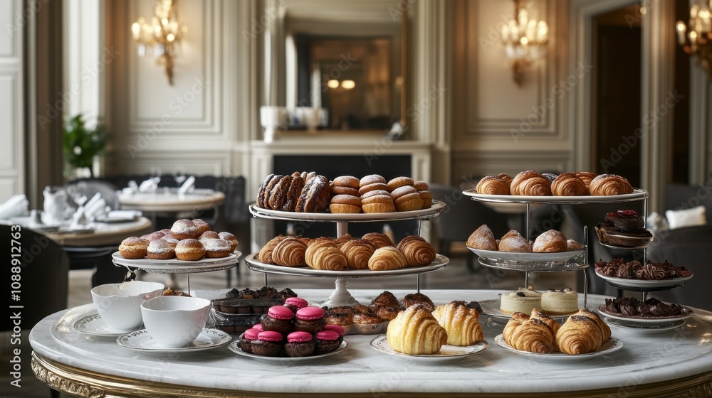 Elegant Display of Assorted Pastries and Desserts in Luxurious Setting with Classic Decor and Soft Lighting Perfect for Culinary or Hospitality Themes Elegant Display of Assorted Pastries and Desserts in Luxurious Setting with Classic Decor and Soft Lighting Perfect for Culinary or Hospitality Themes