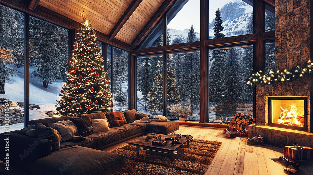 Fototapeta premium Cozy living toom interior with large windows and a fireplace, winter christmas setting