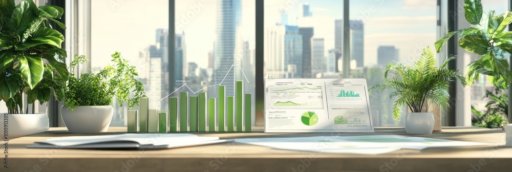 A modern office workspace with charts and greenery, emphasizing data analysis and productivity. A modern office workspace with charts and greenery, emphasizing data analysis and productivity.