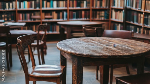 Cozy Library Setting with Rustic Furniture Featuring Wooden Tables and Chairs Surrounded by Shelves of Books in a Warm and Inviting Atmosphere