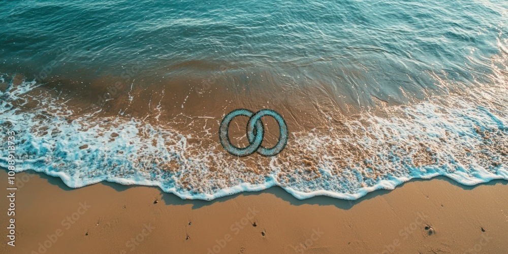 Naklejka premium Peace sign drawn in the sand on a beach with ocean waves nearby