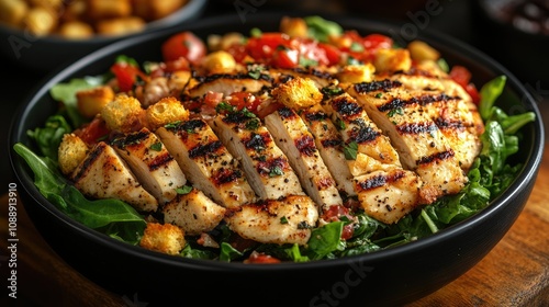 Grilled chicken salad with croutons, tomatoes, and spinach in a black bowl.