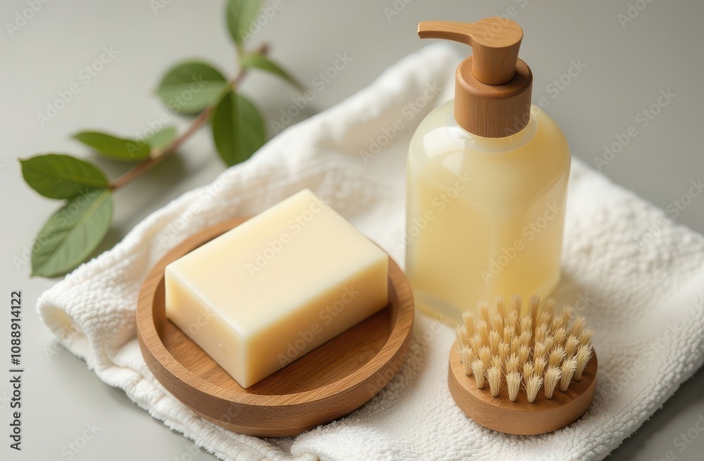 Spa still life with soap, towel and brush on grey background Spa still life with soap, towel and brush on grey background