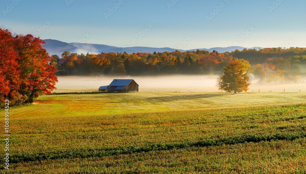 Fototapeta premium misty autumn morning on a farm field in vermont
