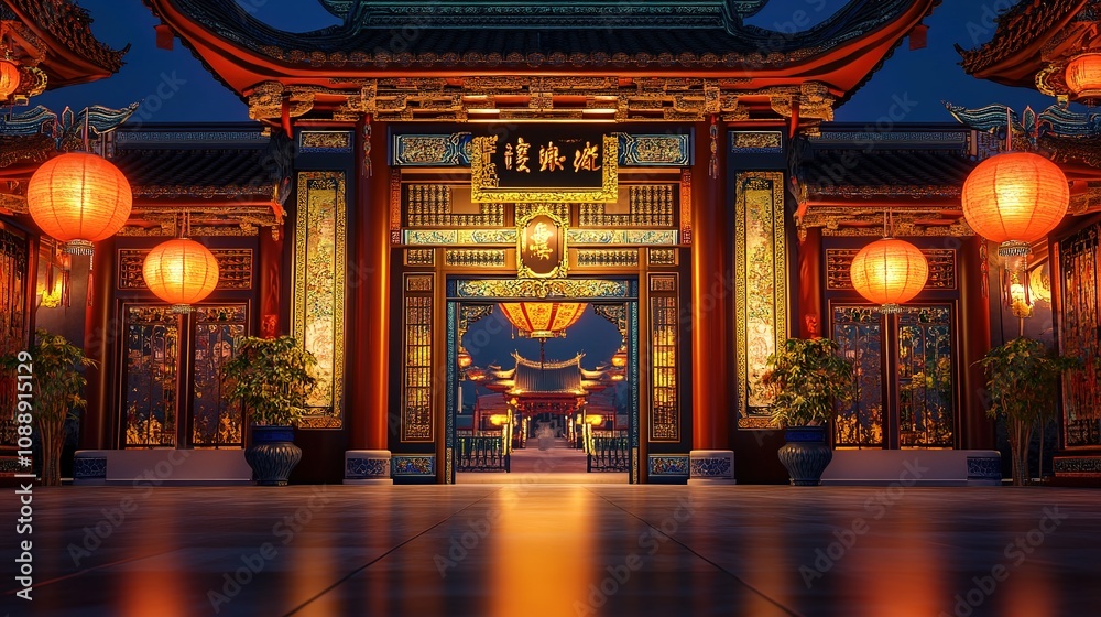 Fototapeta premium Majestic temple entrance illuminated by lanterns china architectural photography nighttime cultural significance
