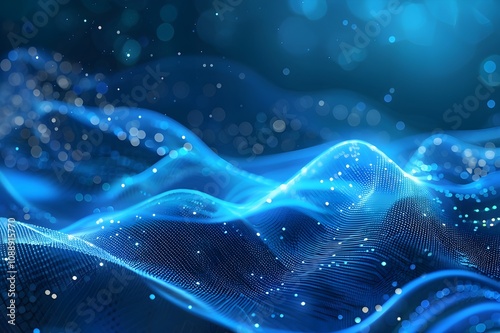 Futuristic technology wave in digital cyberspace, depicting abstract waves with moving particles on a blue background, captured in high definition. photo