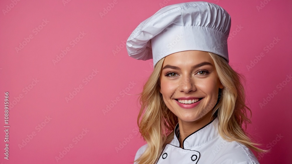 Beautiful girl cook smiling, close-up. Portrait of woman in chef hat on plain background