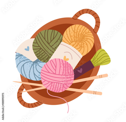 Knitting with cozy yarn balls, needles, and handmade elements. Crafting, handmade. A warm, leisurely hobby. Flat vector knitting set