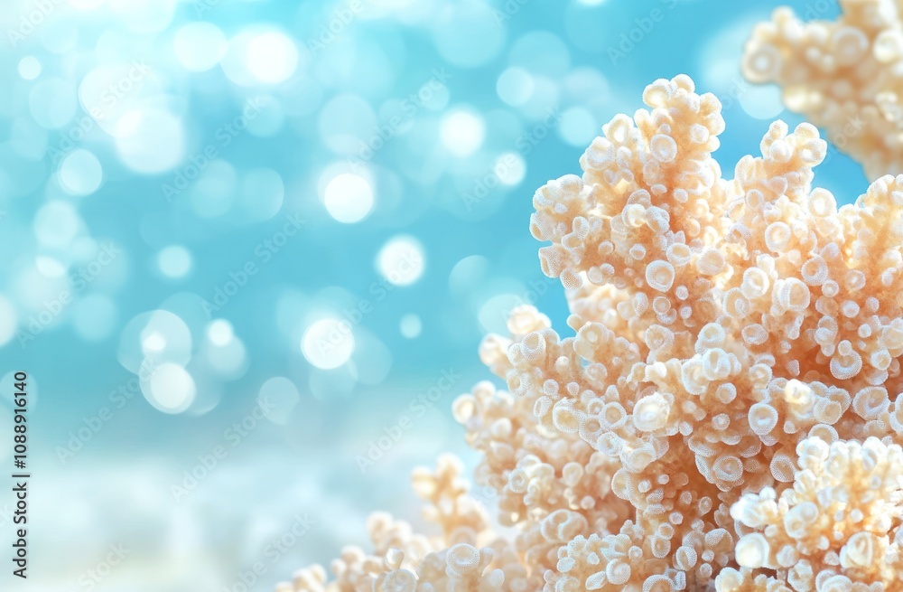 A close-up of coral with a soft-focus background of shimmering water bubbles. A close-up of coral with a soft-focus background of shimmering water bubbles.