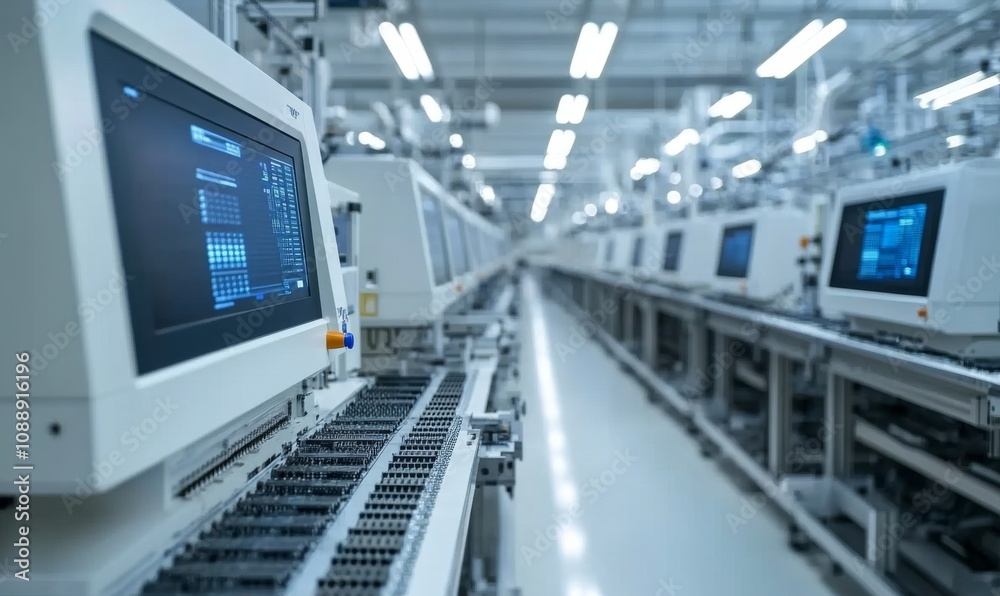 Inside view of a high-tech microchip manufacturing facility, technology, semiconductor, factory Inside view of a high-tech microchip manufacturing facility, technology, semiconductor, factory