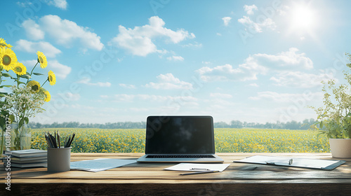 Open office setup in a wide field with blue sky laptop and documents on a wooden desk under bright sunlight Copy space