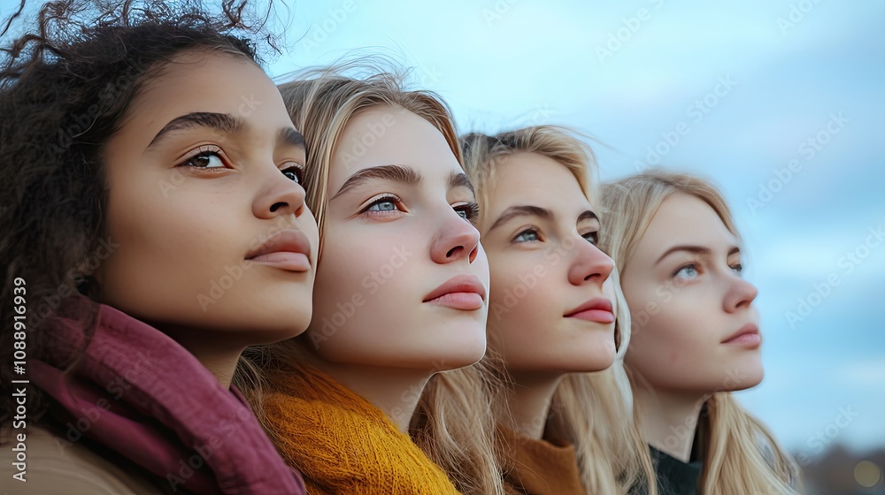 Group Portrait of Four Young Women Looking Up Group Portrait of Four Young Women Looking Up