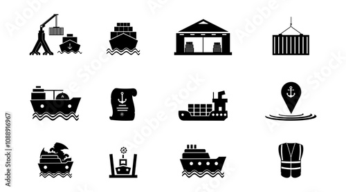Set of marine port icon. Seaport icon vector collection