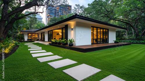 modern single story house with dark textured roof and lush greenery