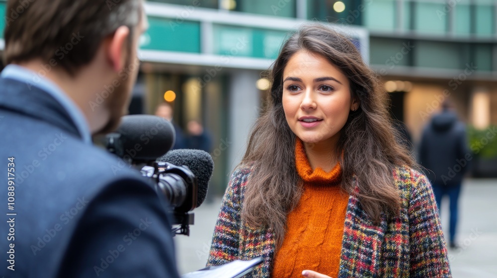 A woman being interviewed outdoors, speaking to a camera with a microphone. A woman being interviewed outdoors, speaking to a camera with a microphone.