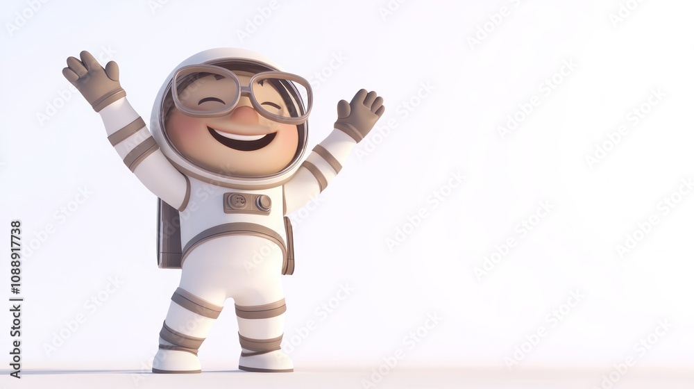A cheerful cartoon character in an astronaut suit, celebrating with raised arms. A cheerful cartoon character in an astronaut suit, celebrating with raised arms.