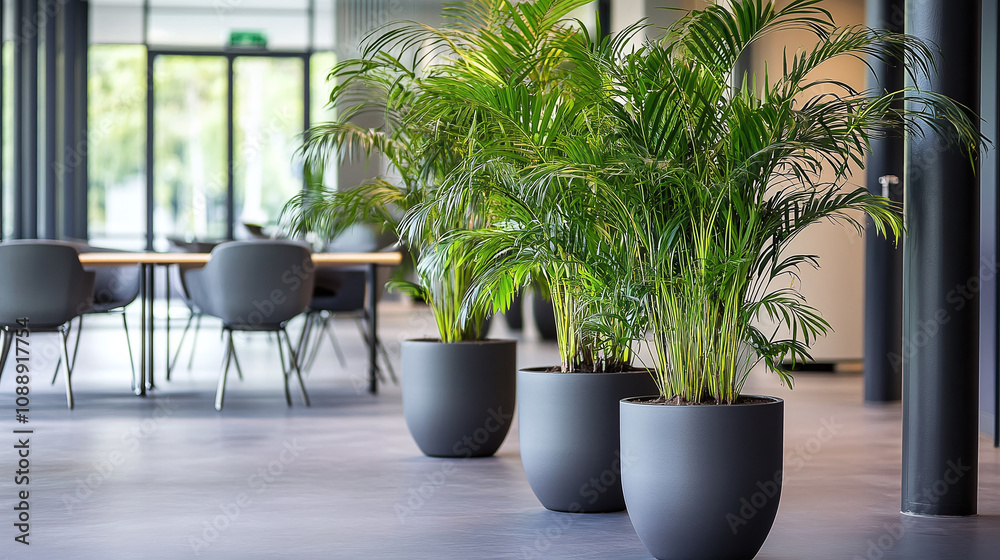 Fototapeta premium Sleek office interior featuring green plants and contemporary design, suitable for corporate and design themes.