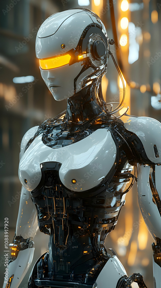 A Detailed 3D Illustration of a Futuristic Female Robot with Glowing Eyes in a Workshop A Detailed 3D Illustration of a Futuristic Female Robot with Glowing Eyes in a Workshop