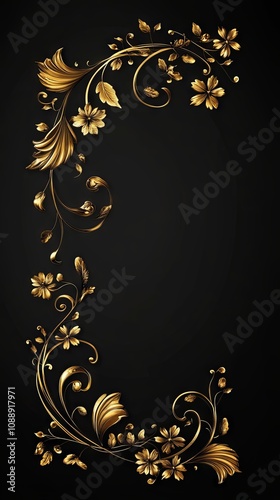 Golden Floral Swirls on Black Background - Elegant Ornamental Design