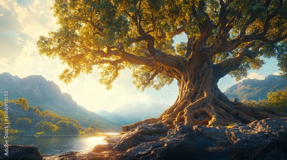 Fototapeta premium Majestic World Tree Surrounded by Mountains, an immense tree with a thick trunk and sprawling roots, bathed in golden light, reflecting nature's grandeur and timeless beauty.